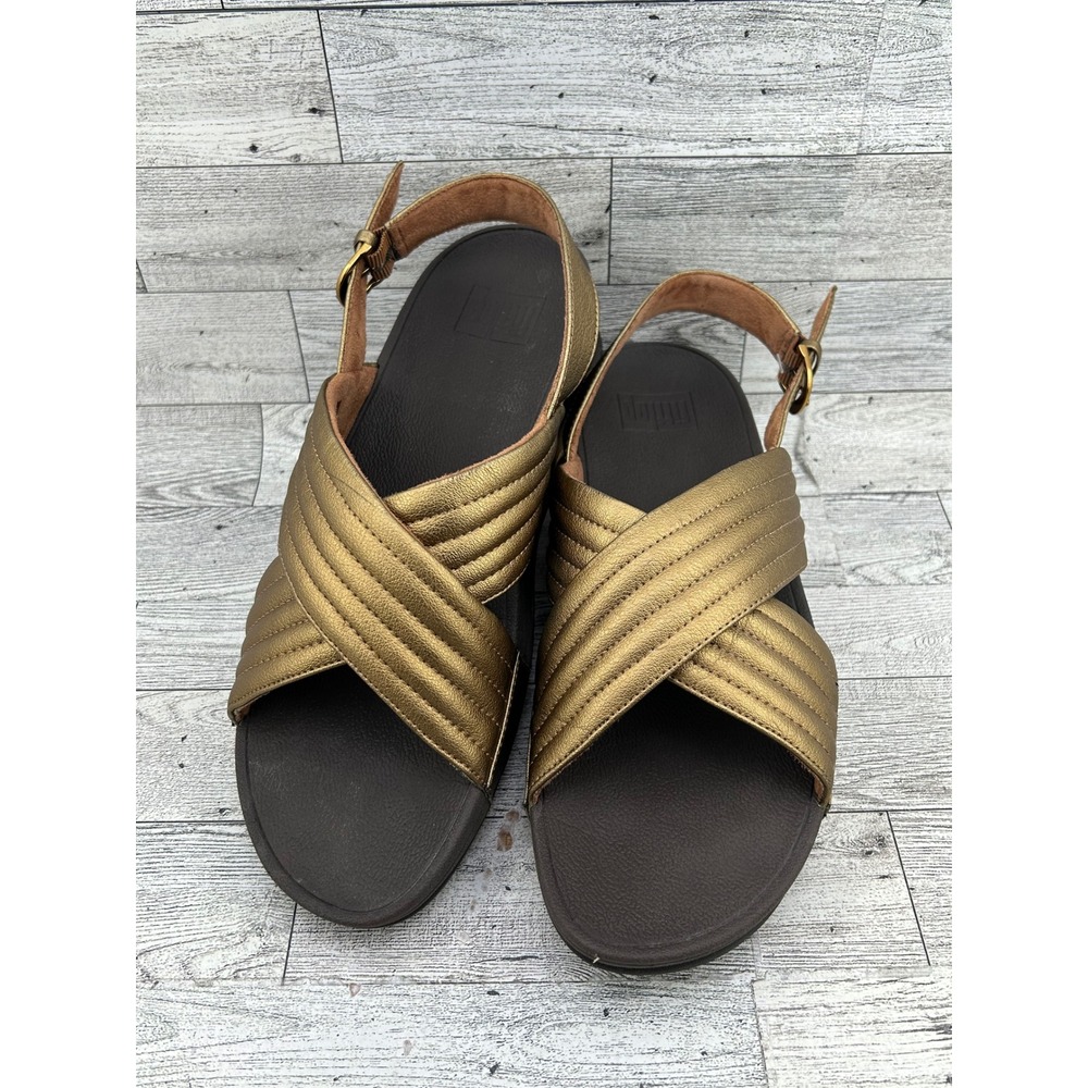 FitFlop Lulu Cross Back Metallic Gold Leather Sandals Women US 9 EUR 41